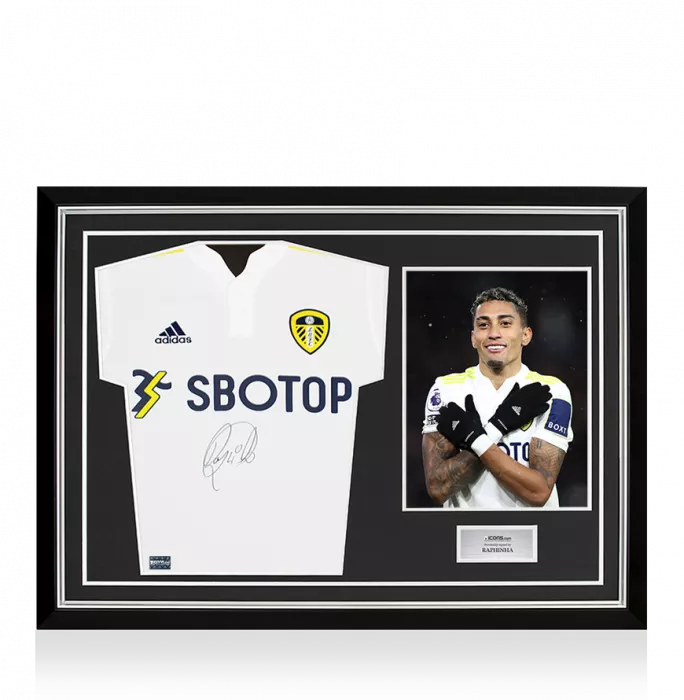 Raphinha Front Signed Leeds United 2021-22 Home Shirt In Hero Frame: Option 1