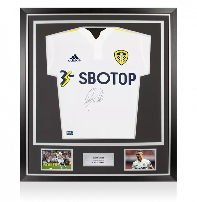 Raphinha Front Signed Leeds United 2021-22 Home Shirt In Classic Frame