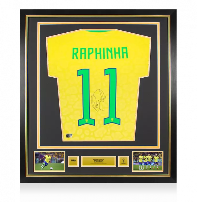 Raphinha Official 2022 FIFA World Cup™ Back Signed and Framed Brazil 2022-23 Home Shirt