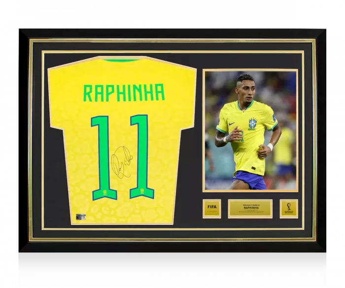 Raphinha Official 2022 FIFA World Cup™ Back Signed and Hero Framed Brazil 2022-23 Home Shirt