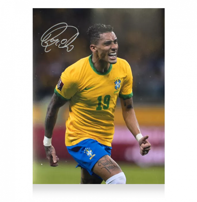 Raphinha Signed Brazil Photo In Black Wooden Frame: Goal Vs Paraguay