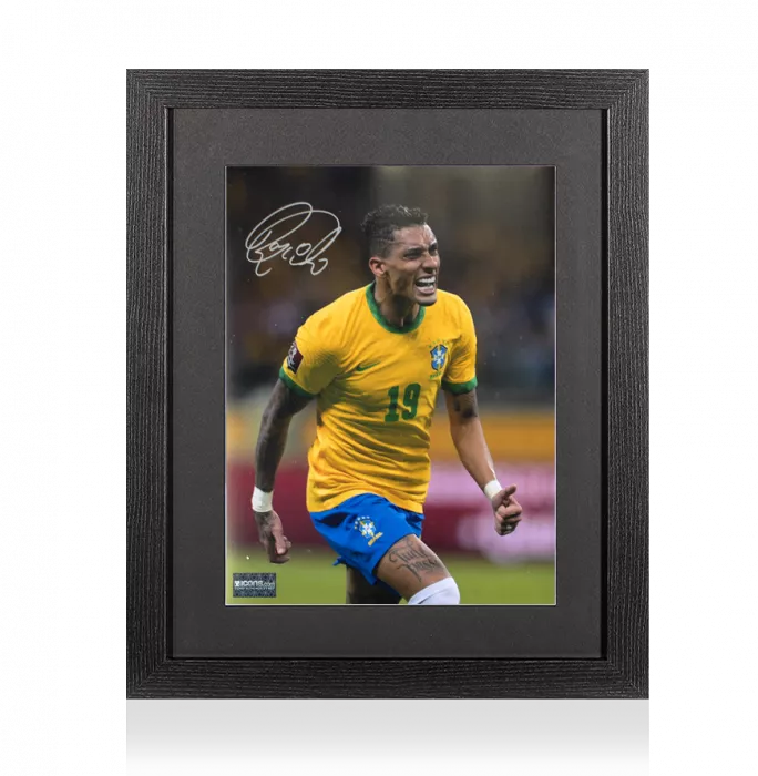 Raphinha Signed Brazil Photo In Black Wooden Frame: Goal vs Paraguay