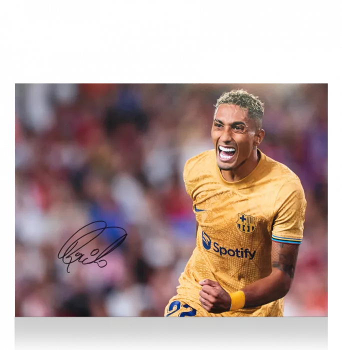 Raphinha Signed FC Barcelona Photo In Black Wooden Frame: Goal Vs Sevilla