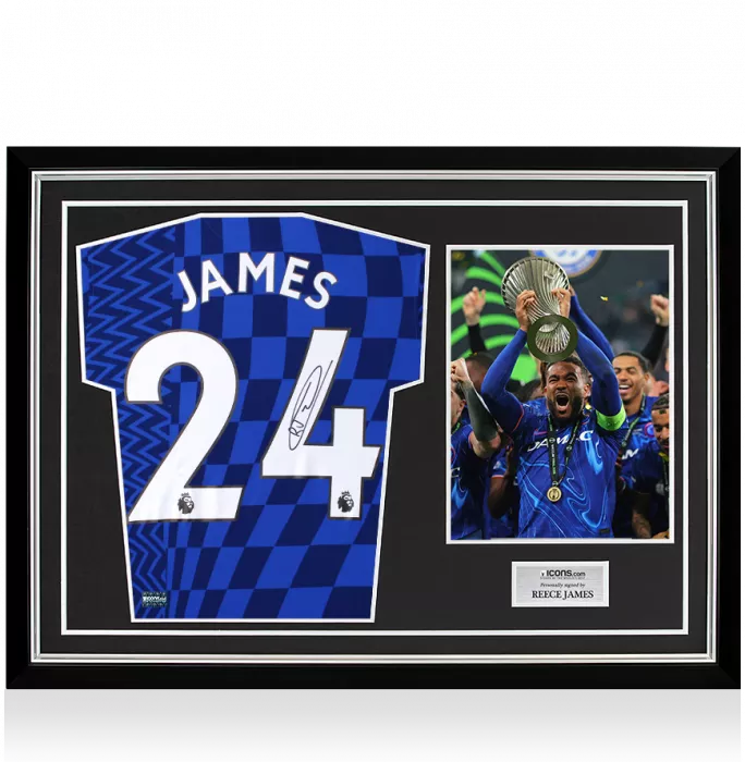 Reece James Back Signed Chelsea 2021-22 Home Shirt In Hero Frame: UEFA Conference League Winner