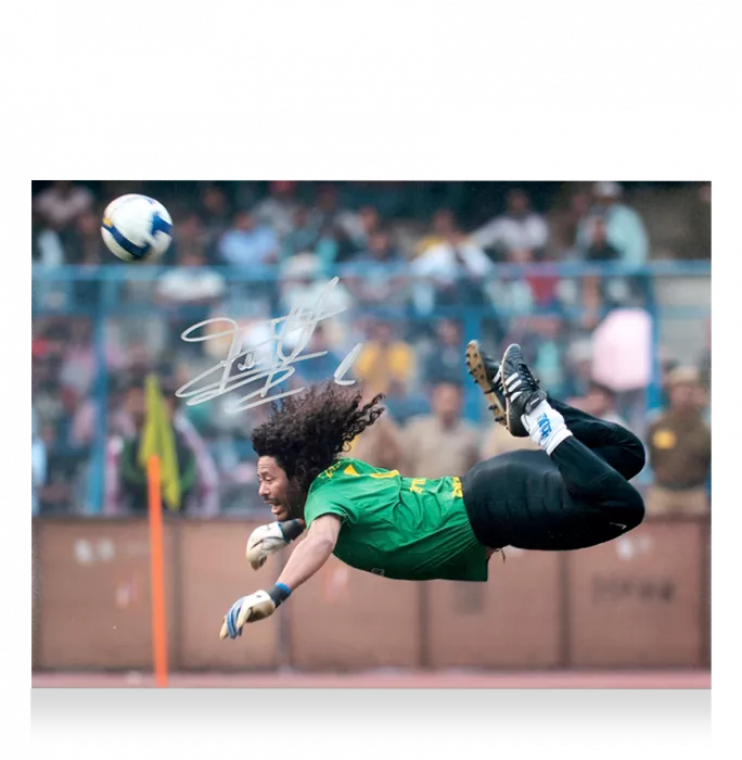 Rene Higuita Signed Colombia Photo In Black Wooden Frame: Iconic Scorpion Kick