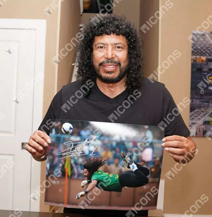 Rene Higuita Signed Colombia Photo In Black Wooden Frame: Iconic Scorpion Kick