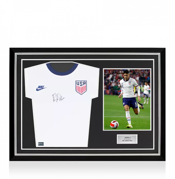 Ricardo Pepi Front Signed USMNT 2020-21 Home Shirt In Hero Frame: Option 1