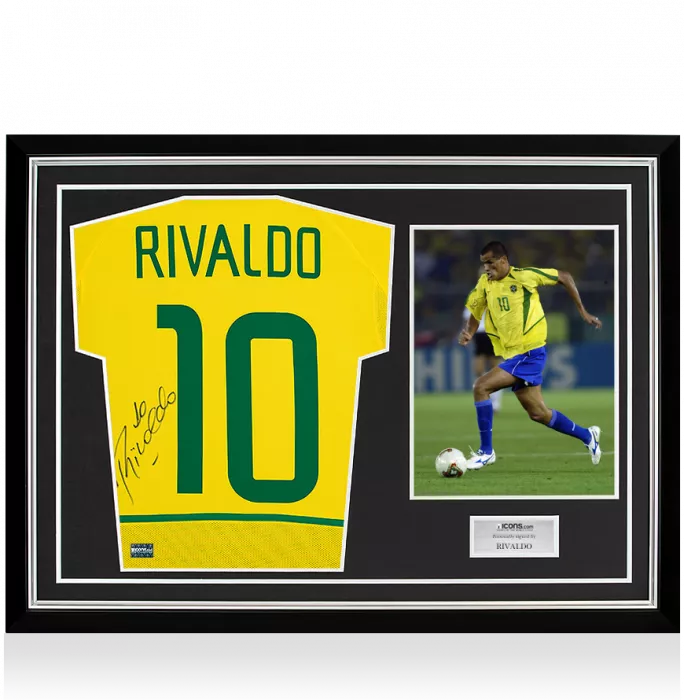 Rivaldo Back Signed Brazil 2002 Home Shirt In Hero Frame: Option 1