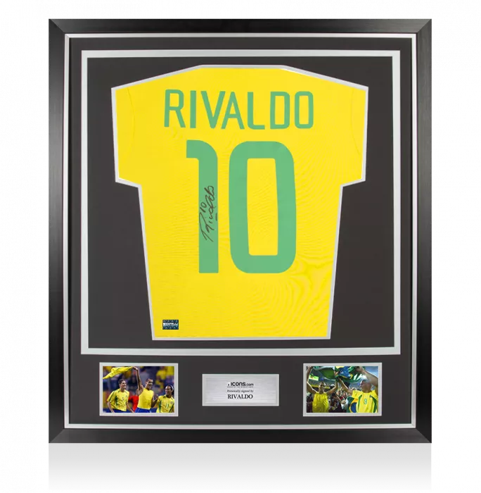 Rivaldo Back Signed Brazil Retro Home Shirt In Classic Frame