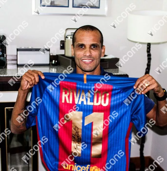Rivaldo Back Signed Modern FC Barcelona Home Shirt In Classic Frame
