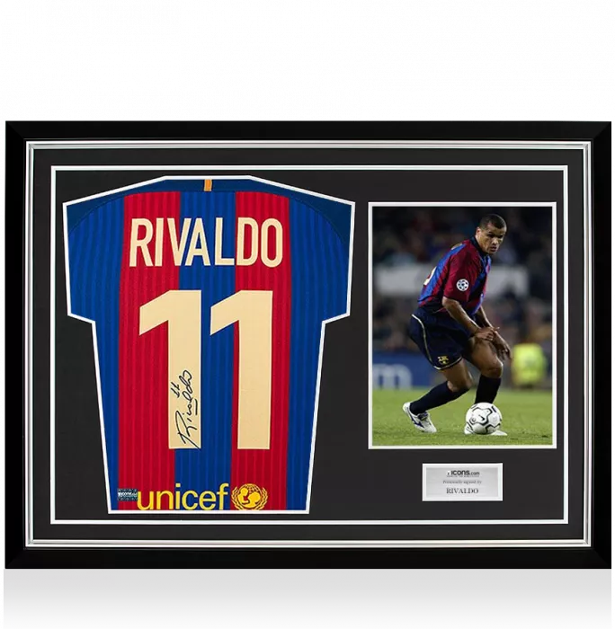 Rivaldo Back Signed Modern FC Barcelona Home Shirt In Hero Frame: Option 1
