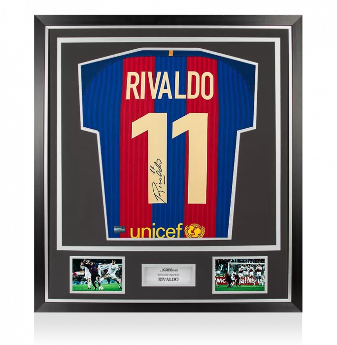 Rivaldo Back Signed Modern FC Barcelona Home Shirt In Classic Frame