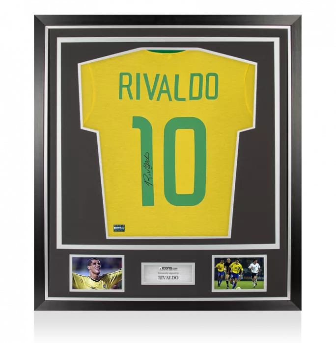 Rivaldo Back Signed Retro Brazil Shirt With Fan Style Numbers In Classic Frame