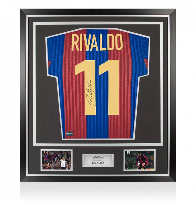 Rivaldo Back Signed Retro FC Barcelona Home Shirt With Fan Style Numbers In Classic Frame