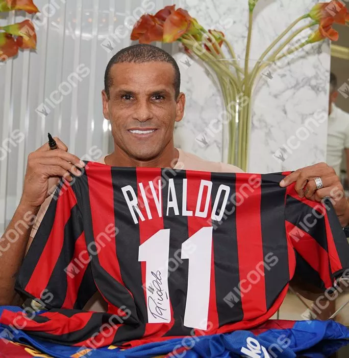 Rivaldo Official AC Milan Back Signed And Framed Retro Home Shirt With Fan Style Numbers
