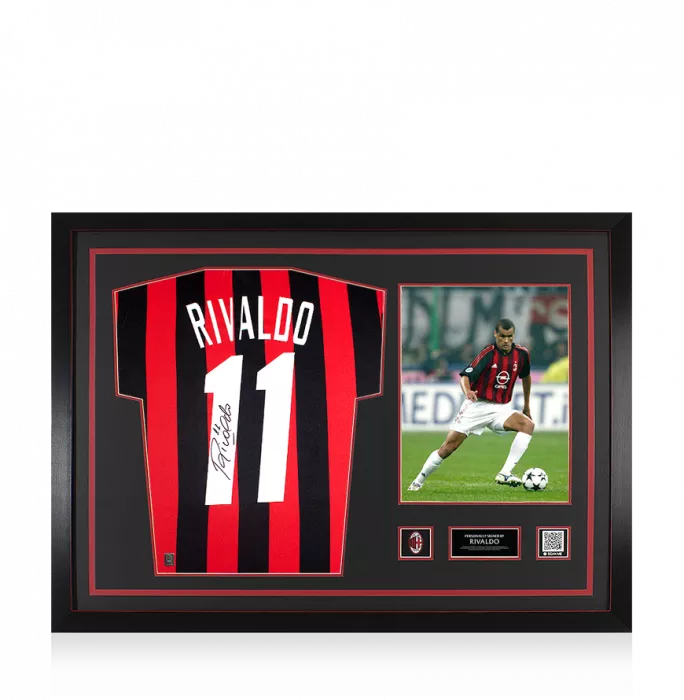 Rivaldo Official AC Milan Back Signed and Framed Retro Home Shirt with Fan Style Numbers