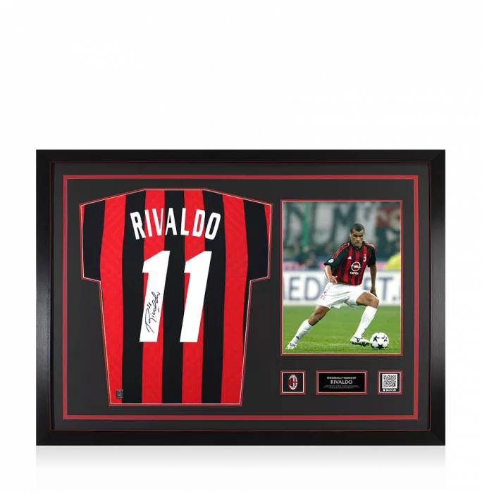 Rivaldo Official AC Milan Back Signed and Framed Retro Home Shirt