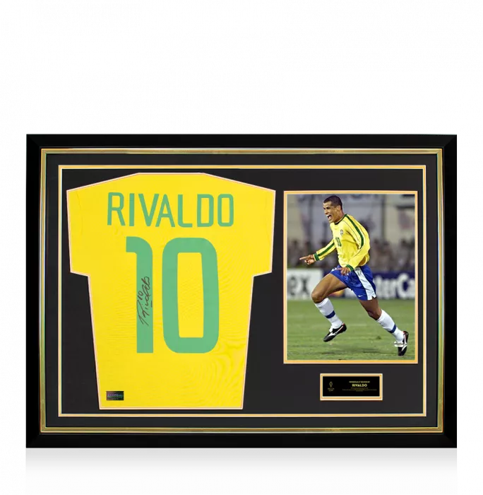 Rivaldo Official Ballon d'Or™ Back Signed and Hero Framed Brazil Retro Home Shirt