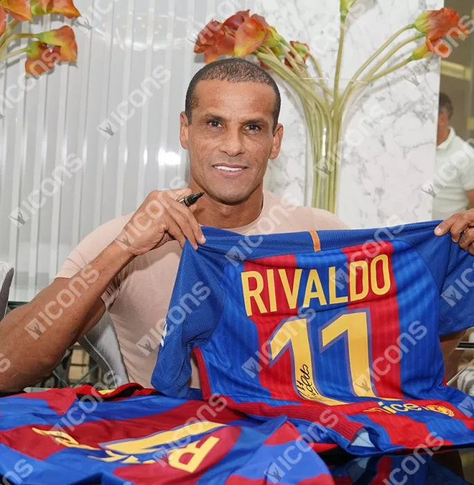 Rivaldo Official Ballon D'Or™ Back Signed And Hero Framed Modern FC Barcelona Home Shirt