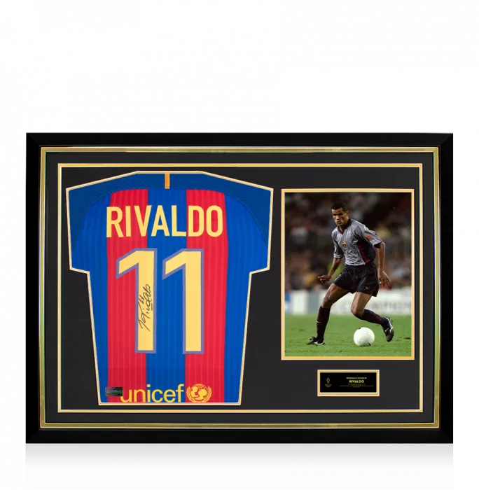 Rivaldo Official Ballon d'Or™ Back Signed and Hero Framed Modern FC Barcelona Home Shirt