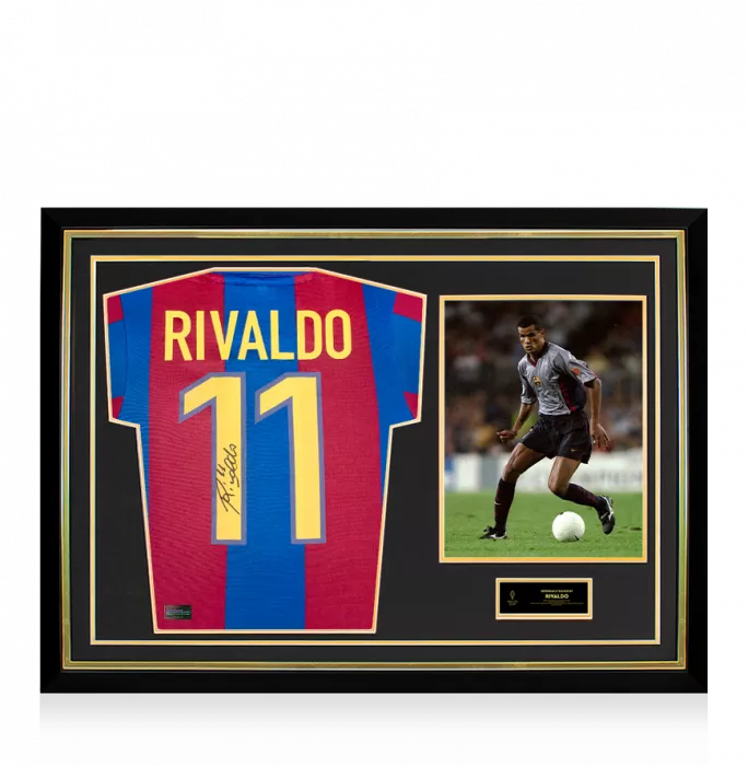 Rivaldo Official Ballon d'Or™ Back Signed and Hero Framed Retro FC Barcelona Home Shirt