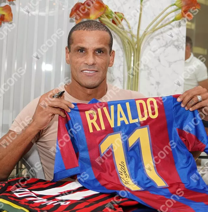 Rivaldo Official FC Barcelona Back Signed And Framed Retro FC Barcelona Home Shirt