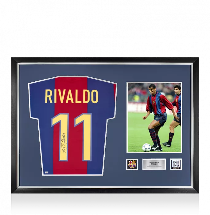 Rivaldo Official FC Barcelona Back Signed and Framed 1998-99 Home Shirt
