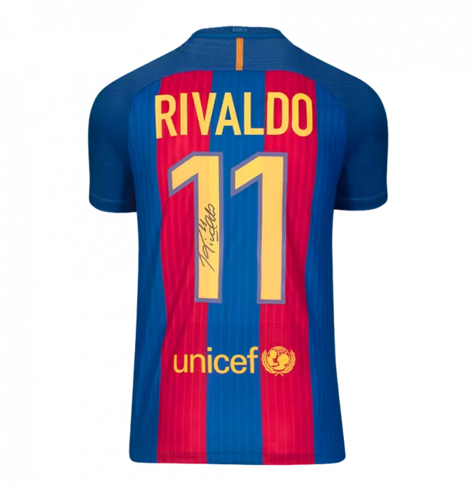 Rivaldo Official FC Barcelona Back Signed And Framed Modern FC Barcelona Home Shirt