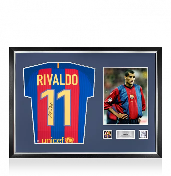 Rivaldo Official FC Barcelona Back Signed and Framed Modern FC Barcelona Home Shirt