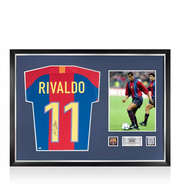 Rivaldo Official FC Barcelona Back Signed And Framed Retro Home Shirt With Fan Style Numbers