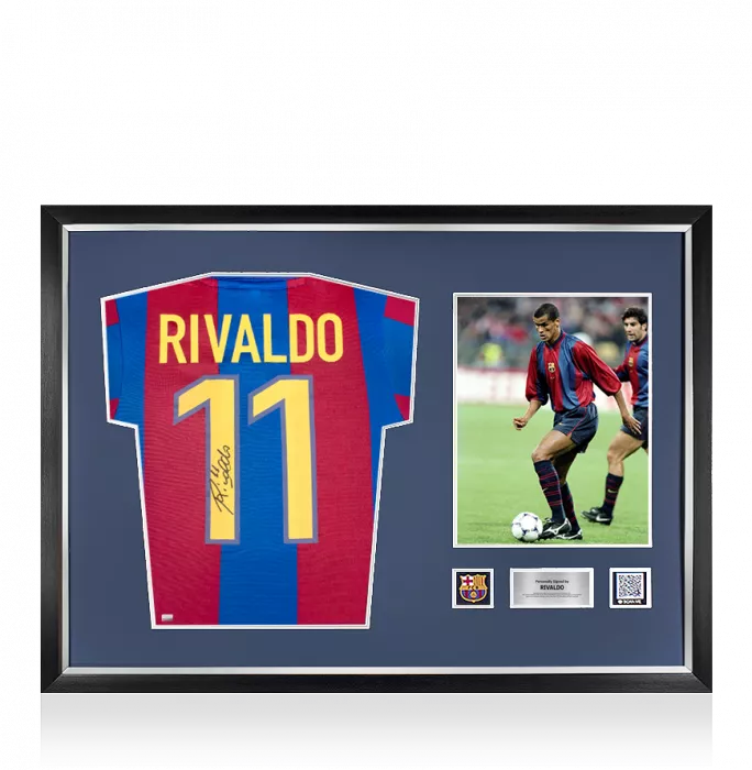 Rivaldo Official FC Barcelona Back Signed and Framed Retro FC Barcelona Home Shirt