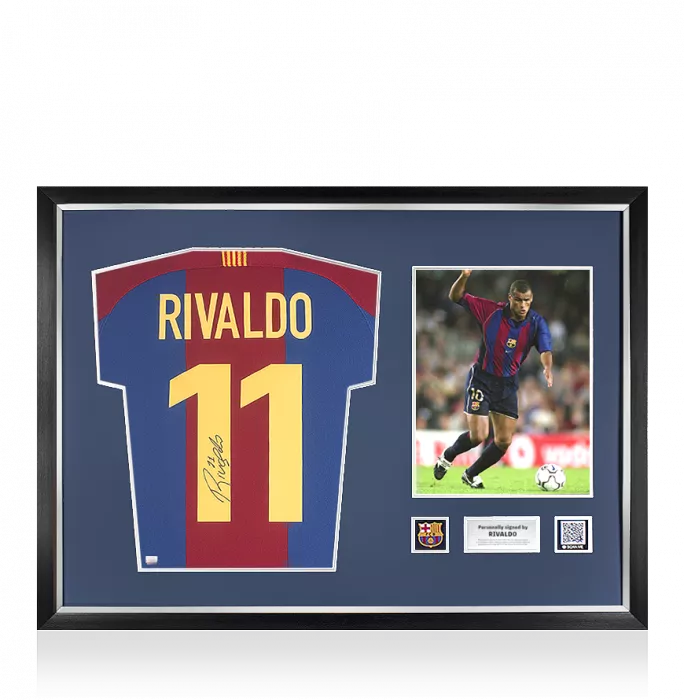 Rivaldo Official FC Barcelona Back Signed Retro Home Shirt With Fan Style Numbers