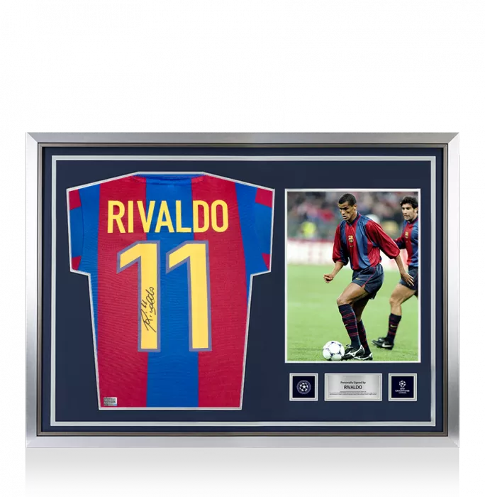 Rivaldo Official UEFA Champions League Back Signed and Hero Framed Retro FC Barcelona Home Shirt