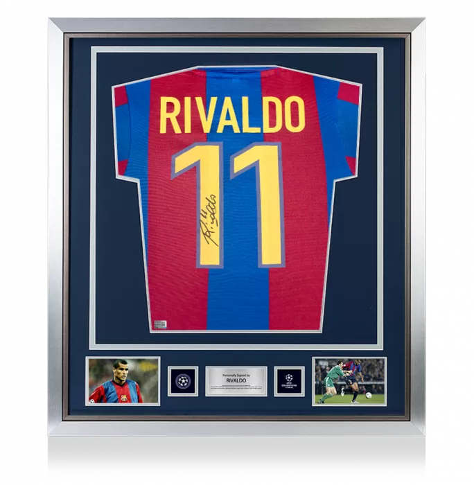 Rivaldo Official UEFA Champions League Back Signed and Framed Retro FC Barcelona Home Shirt