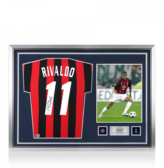 Rivaldo Official UEFA Champions League Back Signed and Hero Framed AC Milan Retro Home Shirt