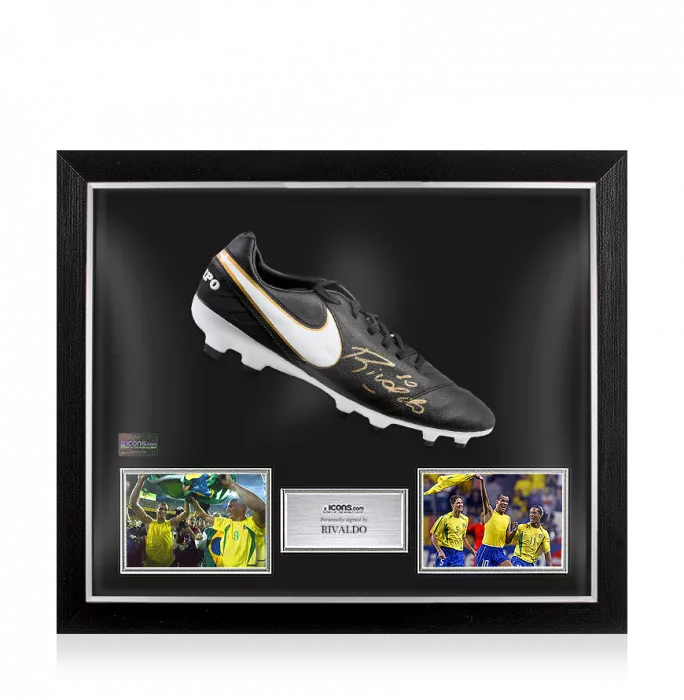 Rivaldo Signed Black and Gold Nike Tiempo Boot In Bubble Frame: Option 1