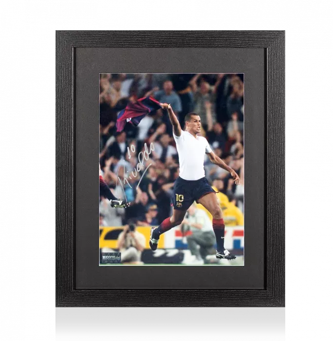 Rivaldo Signed FC Barcelona Photo In Black Wooden Frame: Overhead Kick vs Valencia Celebration