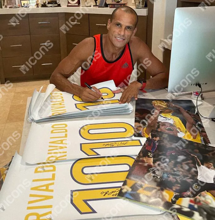 Rivaldo Signed FC Barcelona Photo Signed In Black Wooden Frame: Overhead Kick Vs Valencia Celebration