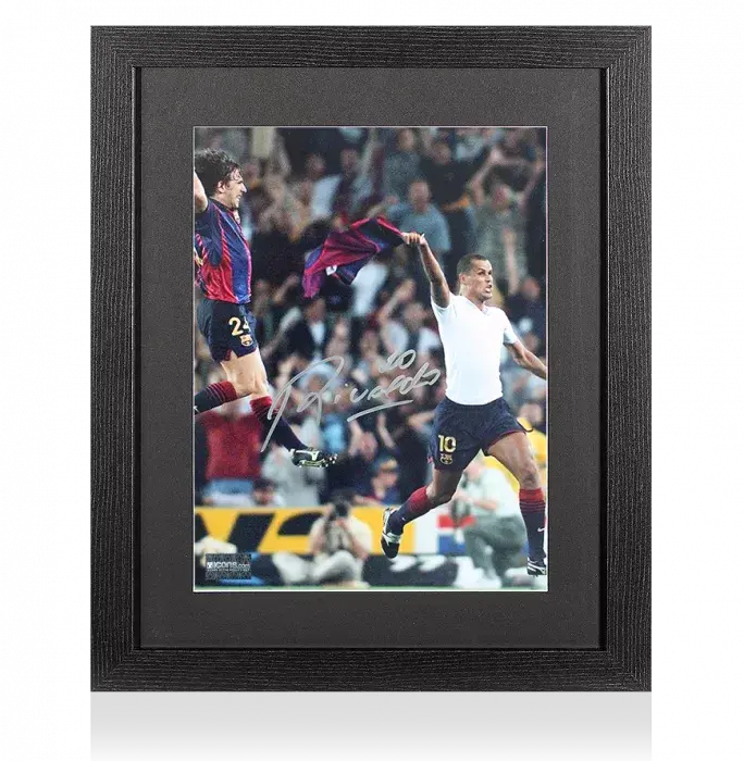 Rivaldo Signed FC Barcelona Photo Signed In Black Wooden Frame: Overhead Kick vs Valencia Celebration