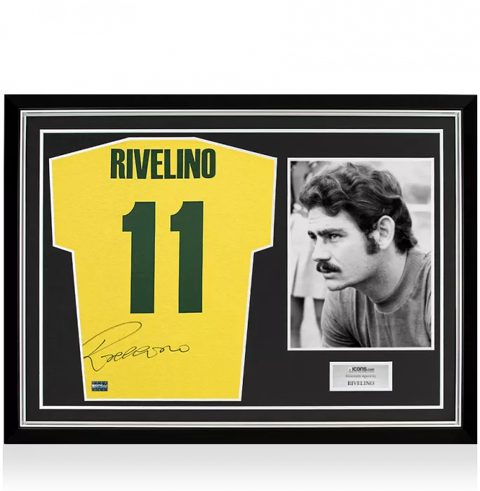 Rivelino Back Signed Retro Brazil Home Shirt In Hero Frame: Option 1