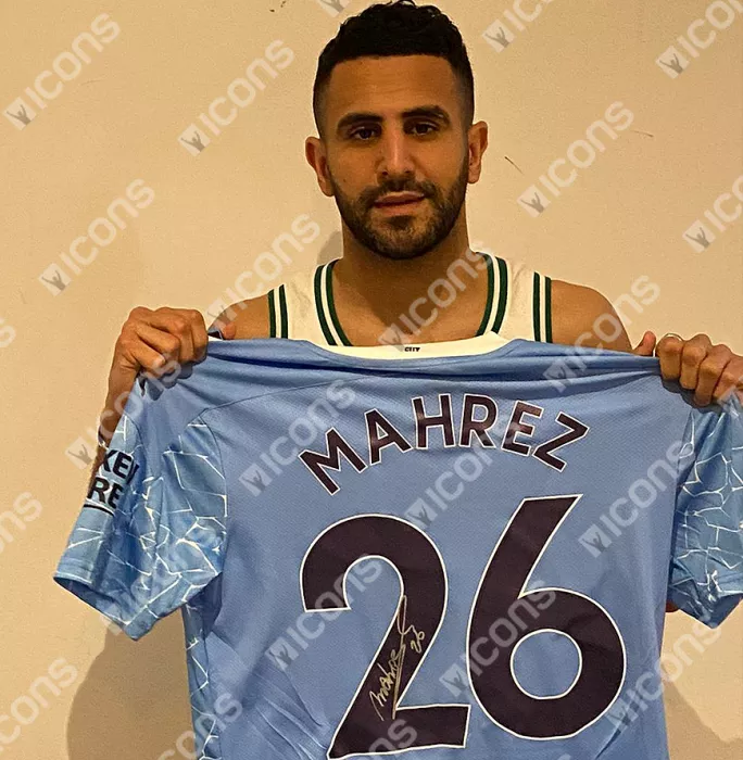 Riyad Mahrez Back Signed Manchester City 2020-21 Home Shirt In Hero Frame: Option 1