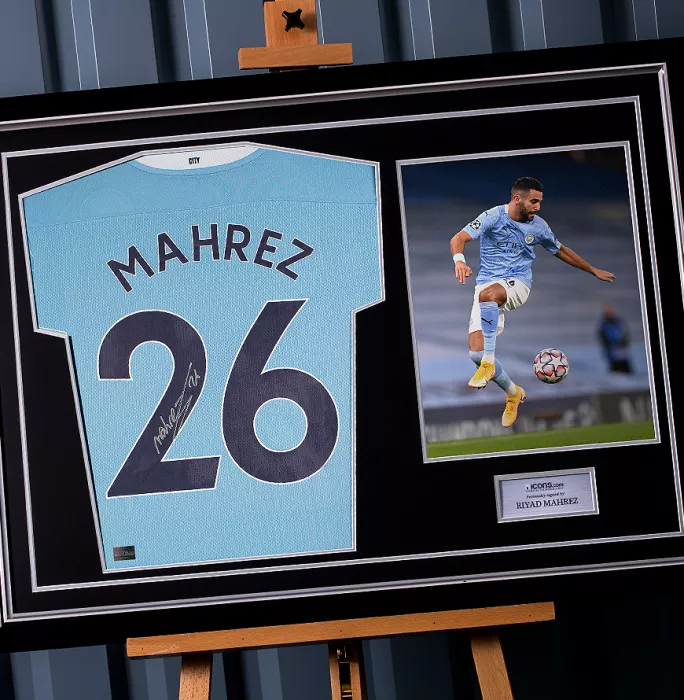 Riyad Mahrez Back Signed Manchester City 2020-21 Home Shirt In Hero Frame: Option 1