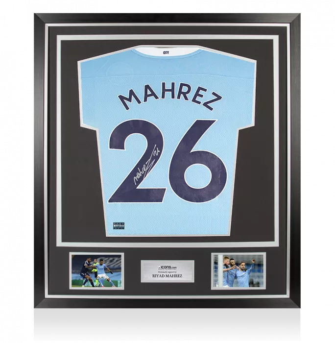 Riyad Mahrez Back Signed Manchester City 2020-21 Home Shirt In Classic Frame