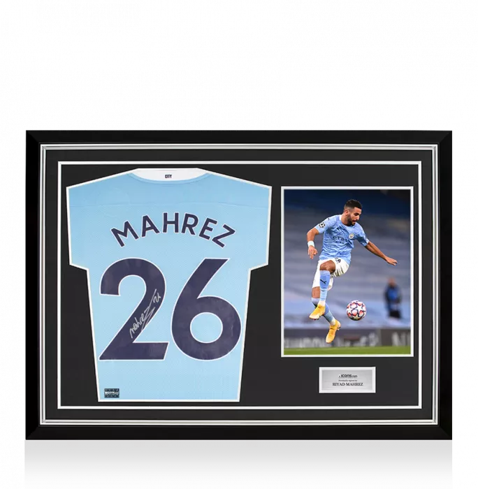 Riyad Mahrez Back Signed Manchester City 2020-21 Home Shirt In Hero Frame: Option 1