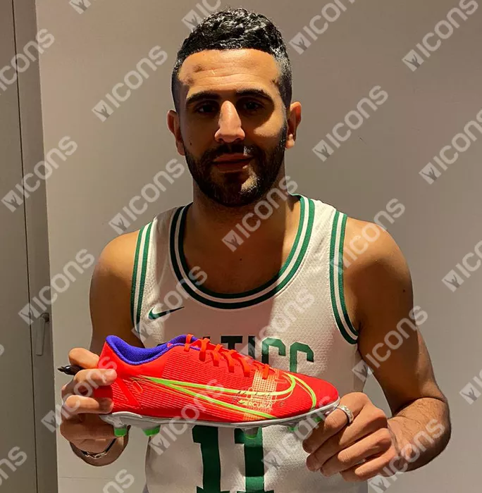 Riyad Mahrez Signed Red Nike Mercurial Boot In Acrylic Case