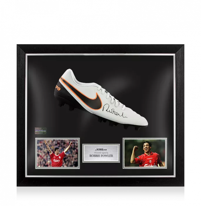 Robbie Fowler Signed Grey Nike Tiempo Boot In Bubble Frame: Option 1
