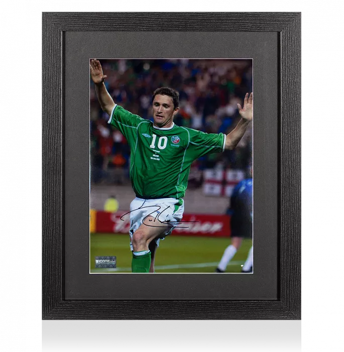 Robbie Keane Signed Republic of Ireland Photo In Black Wooden Frame: 2002 FIFA World Cup Goal vs Germany