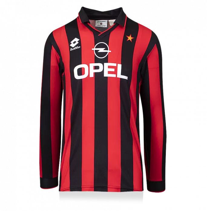 Roberto Baggio Back Signed AC Milan 1994-95 Home Shirt With Long Sleeves In Classic Frame