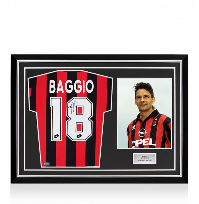 Roberto Baggio Back Signed AC Milan 1994-95 Home Shirt With Long Sleeves In Hero Frame: Option 1