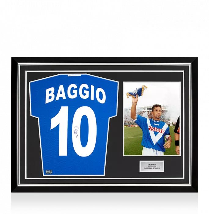 Roberto Baggio Back Signed Brescia 2000-01 Home Shirt With Short Sleeves In Hero Frame: Option 1